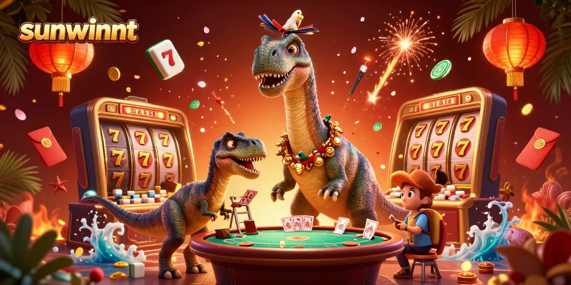Experience thrilling gameplay at sunwinnt with a captivating brontosaurus above a poker table surrounded by dynamic casino elements.