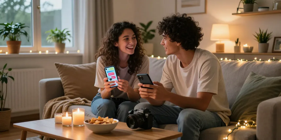 Couple enjoying playful sexting ai interactions in a cozy living room.