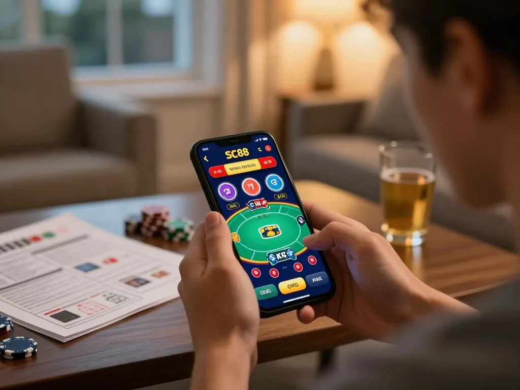 Player engaging with the SC88 casino app on smartphone while enjoying a cozy home environment.