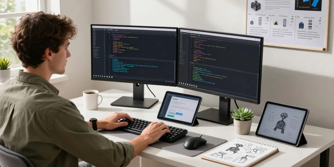 A software developer utilizing clawbot in a modern home office, showcasing dual monitors, coding tools, and a vibrant workspace.