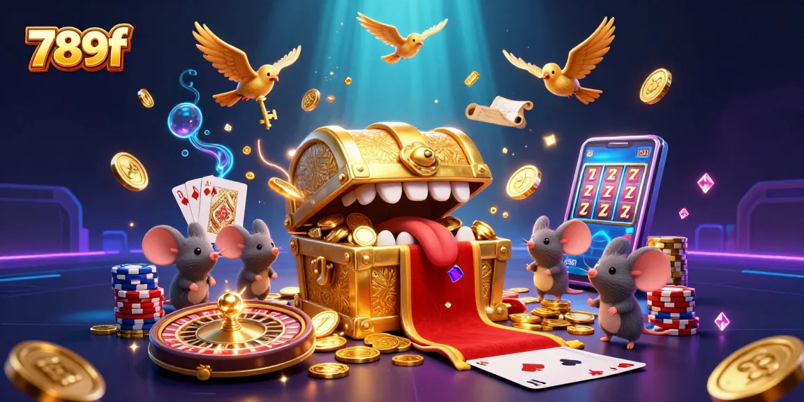 Play engaging and exciting games at 789f with treasures and rewards in a vibrant casino landscape.