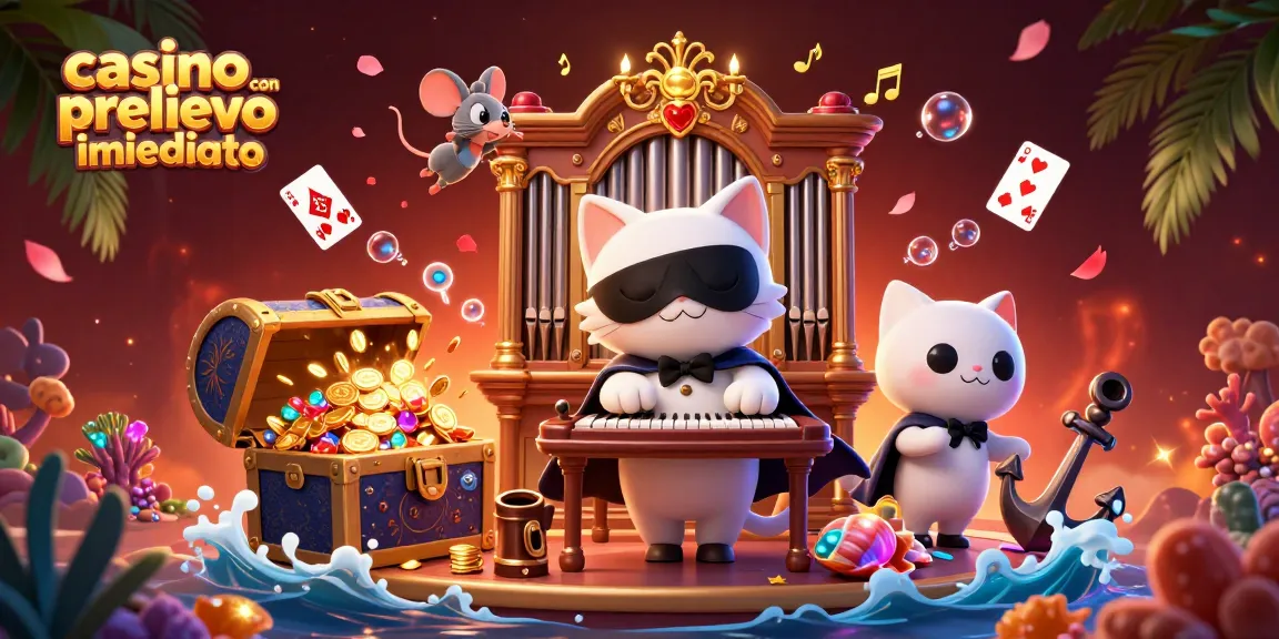 Casinò con prelievo immediato: illustrazione 3D di un gatto in maschera davanti a un organo, circondato da elementi di gioco e tesori sottomarini.