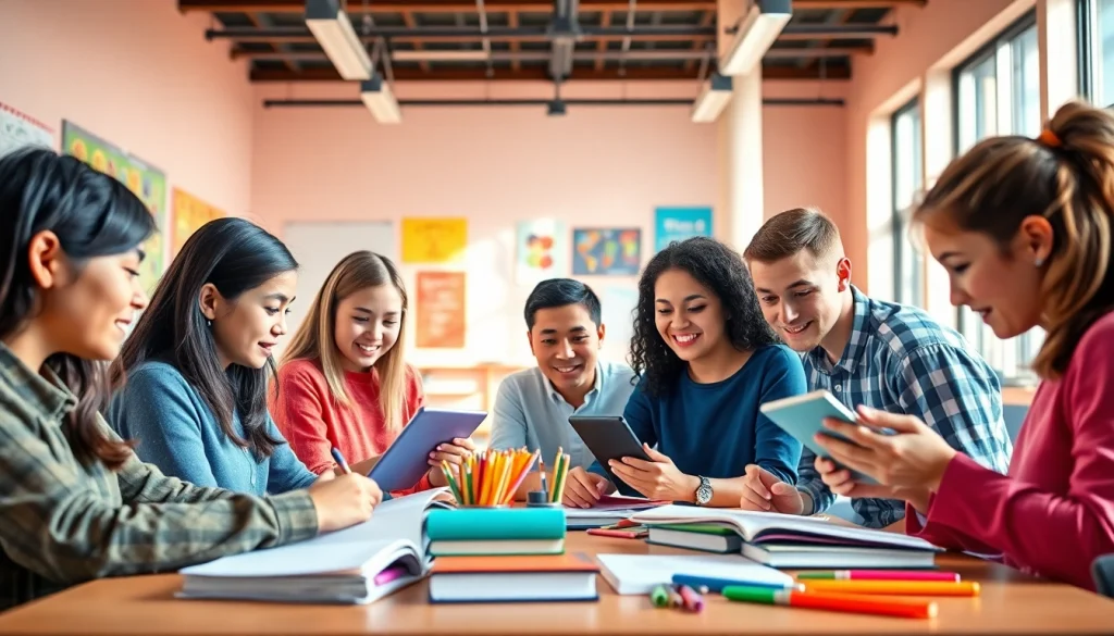 Engaging education scene with students collaborating in a bright classroom.