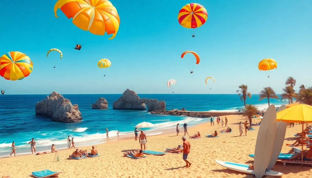 Things to do in Cabo San Lucas, vibrant beach with sunbathers and colorful parasails.