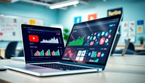 Showcasing a professional YouTube SMM panel in a modern workspace with dynamic analytics.