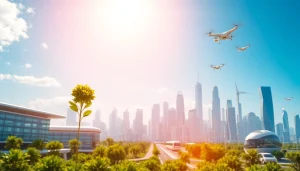 Technology advancements illustrated with a futuristic city skyline and sustainable systems.