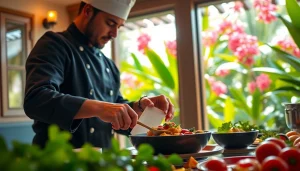 Sint Maarten private chef artfully preparing a gourmet dish in a tropical villa