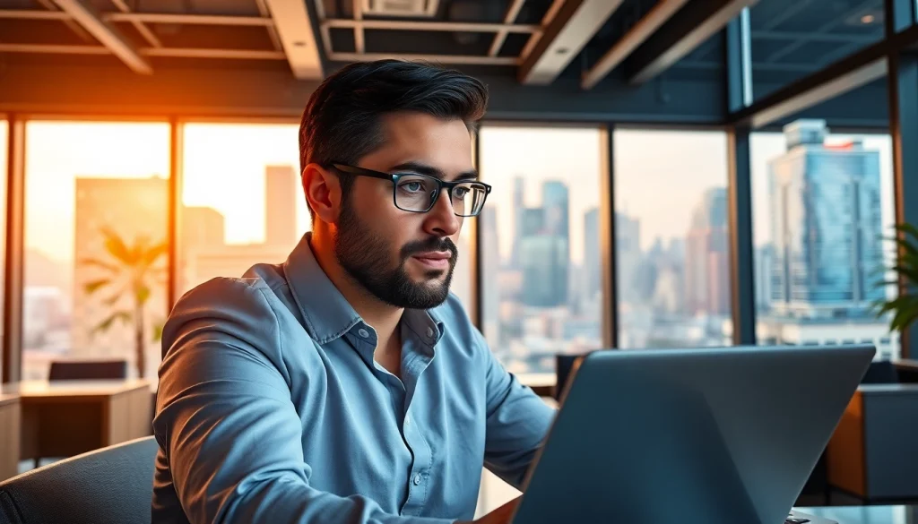 Real Estate agent working in a modern office showcasing virtual meetings and vibrant city views.