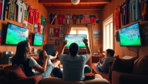 해외축구중계를 시청하는 팬과 활기찬 응원 장면