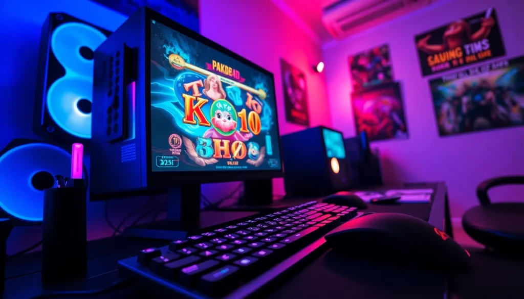 Permainan pakde4d slot ditampilkan di layar komputer gaming modern dengan pencahayaan dramatis.