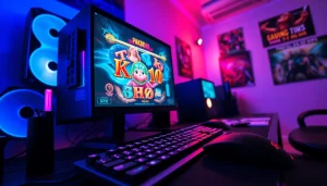 Permainan pakde4d slot ditampilkan di layar komputer gaming modern dengan pencahayaan dramatis.