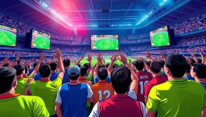 해외축구중계를 즐기는 다채로운 팬들과 활기찬 풋볼 경기 화면