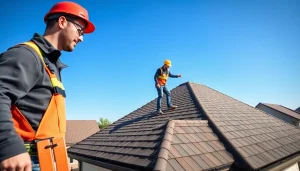 Assessing reliable roofing services with a contractor inspecting a new roof under a clear sky.