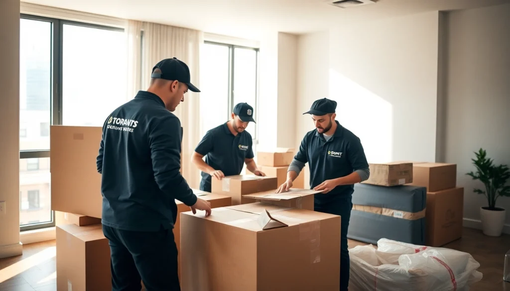Toronto movers expertly packing items in a modern apartment with sunlight filling the room.