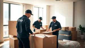 Toronto movers expertly packing items in a modern apartment with sunlight filling the room.