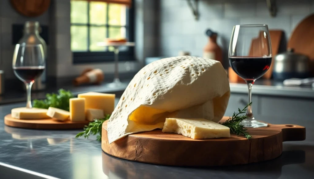 Kaasdoek draped over cheese board with artisanal cheeses and fresh herbs in the kitchen