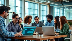 Engaging teamwork at an affordable SEO company in a modern workspace, showcasing collaboration.