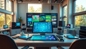 Showcasing a futuristic workspace with Freedom X interface and creative tools for game development.