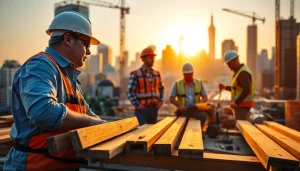 Manhattan General Contractor leading a construction project with dynamic teamwork and city skyline.