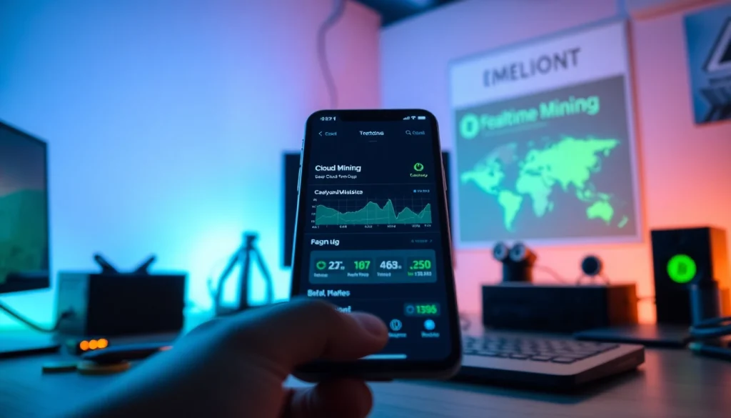 Cloud mining app interface displayed on a modern mobile device in a sleek workspace.