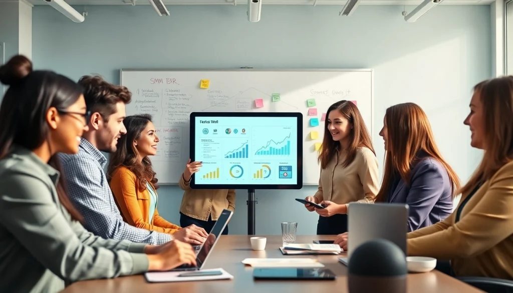 Team discussing strategies for the best smm panel in a modern workspace.