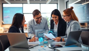 Team discussing competitive intelligence strategies with data visuals in a modern office setting.