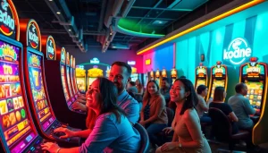 Kode4d slot gaming environment with vibrant machines and excited players.