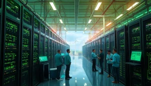 AI cloud mining site showcasing renewable energy facilities and innovative technology.