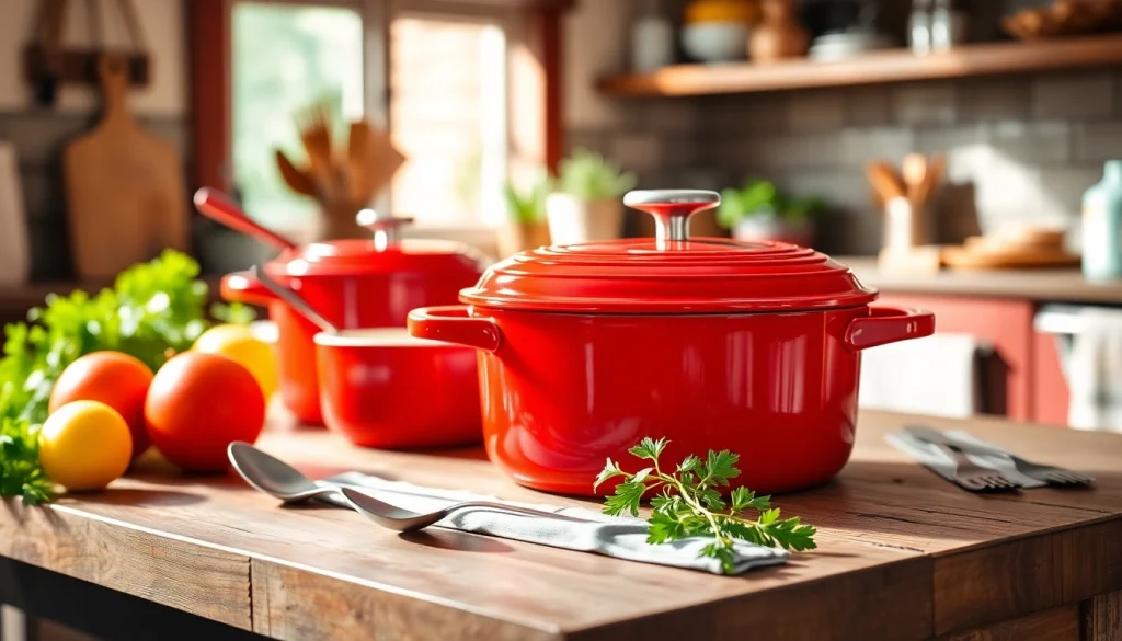 Showcasing an array of Le Creuset NZ cookware with vibrant colors and fresh ingredients in a homely kitchen setting.