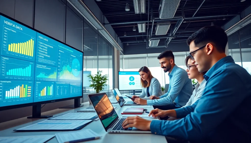 Professional team collaborating on contact data verification tools in a modern office setting.