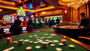 SLOTS8 vibrant slot machine surrounded by excited players in a luxury casino environment.