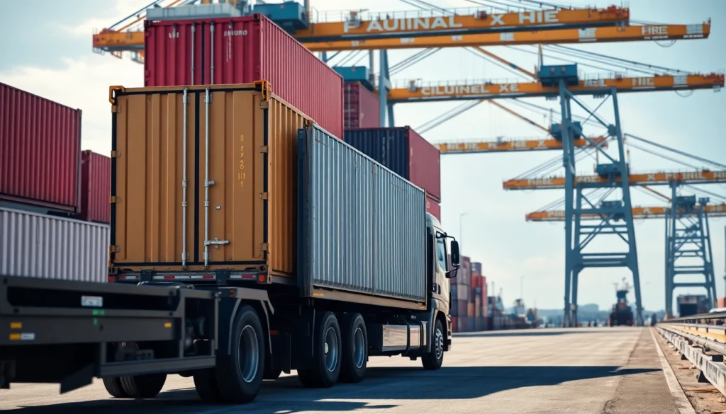 Drayage operations with container trucks at a busy shipping port, demonstrating logistics efficiency.