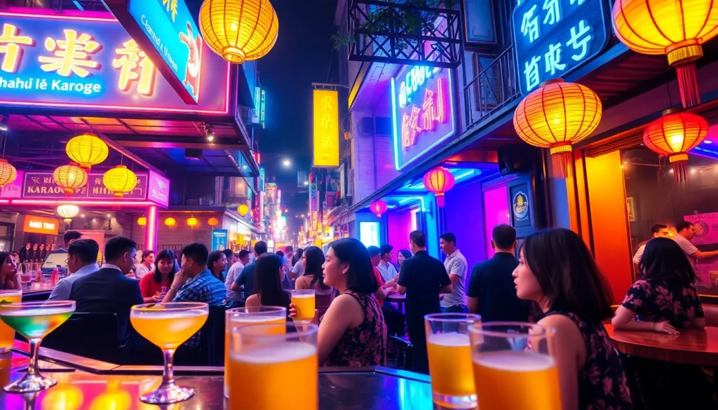Vibrant 하노이밤문화 nightlife scene featuring lively bars and karaoke venues.