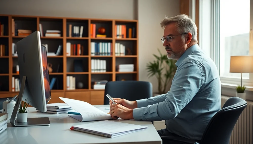 Traducteur assermenté à Lille travaillant dans un environnement de bureau professionnel avec des documents et des outils de traduction