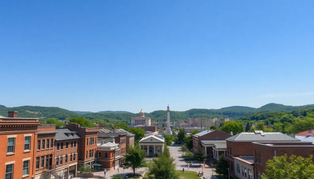 Experience the heart of Clarksburg with a vibrant aerial view of its historical downtown.