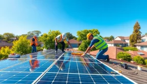 Installers from a solar panel company near me placing panels on a suburban home rooftop.