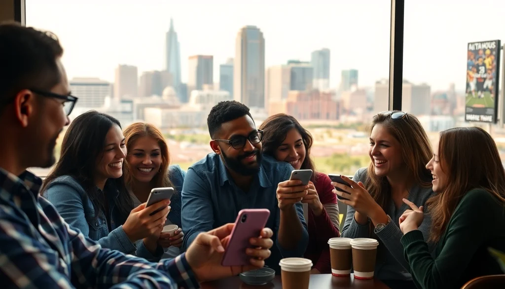 Engaged group discussing sports betting apps Oklahoma in a lively Oklahoma City cafe.