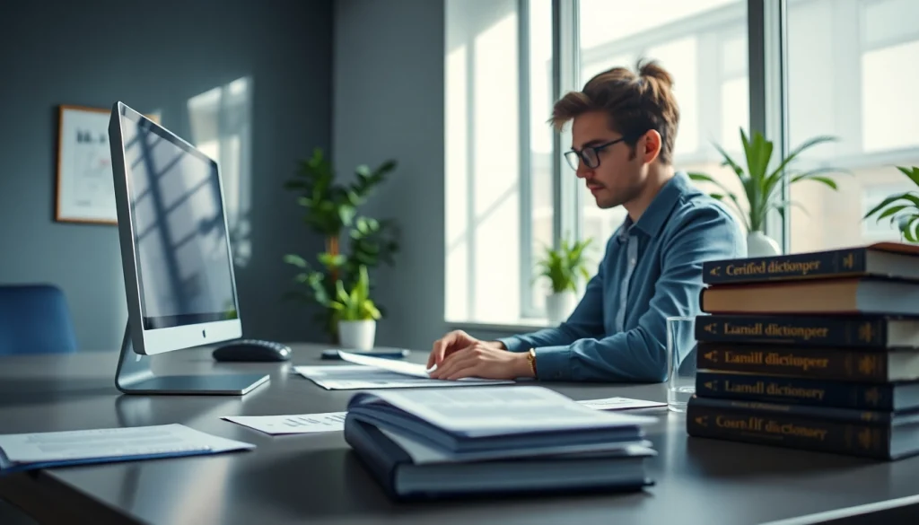 Soudní překladatel diligently working on legal documents in a modern office.