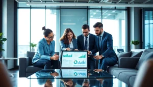 Analyze competitive intelligence data with a diverse business team in a modern office.