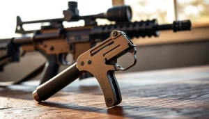 Alamo trigger displaying superior craftsmanship on a warm wooden background.