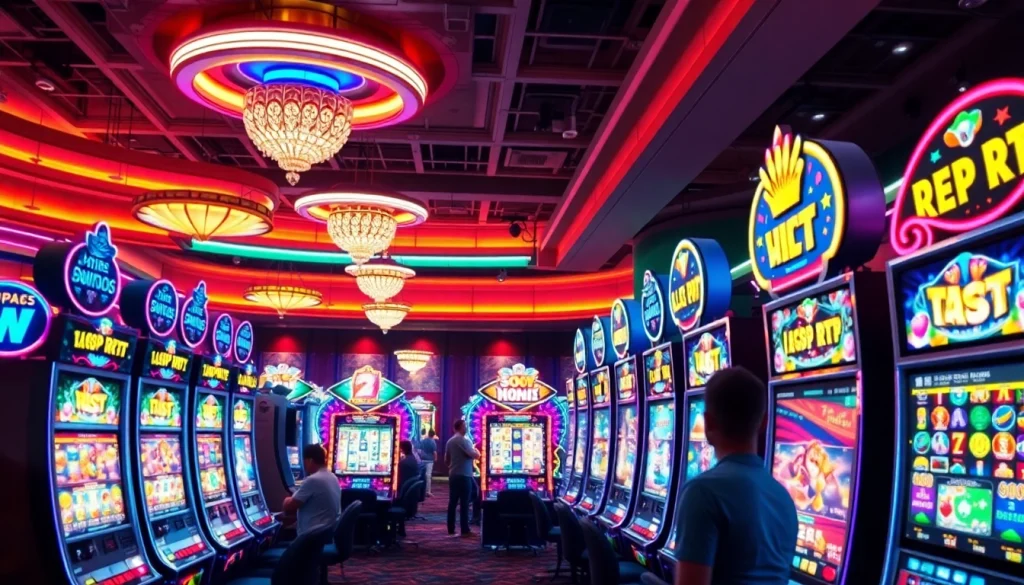 Exciting slot hoki game scene with vibrant lights and players celebrating wins in a casino.