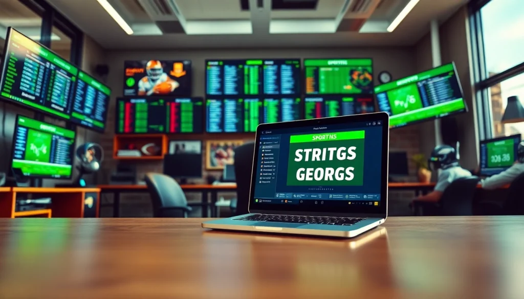 Engaging view of sports betting apps Georgia on a laptop in a professional setting with energy and excitement.