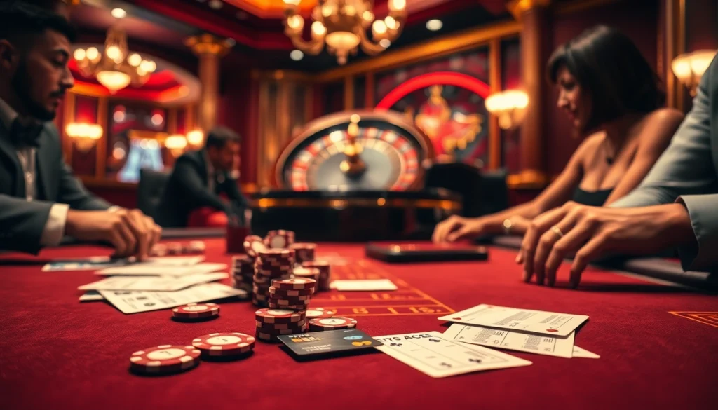 The excitement of high-stakes gambling with players at a poker table, emphasizing 상품권신용카드 use.