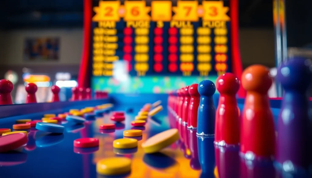 Plinko game, colorful pegs and chips mid-fall dalam suasana permainan yang penuh semangat.