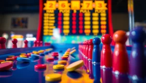 Plinko game, colorful pegs and chips mid-fall dalam suasana permainan yang penuh semangat.