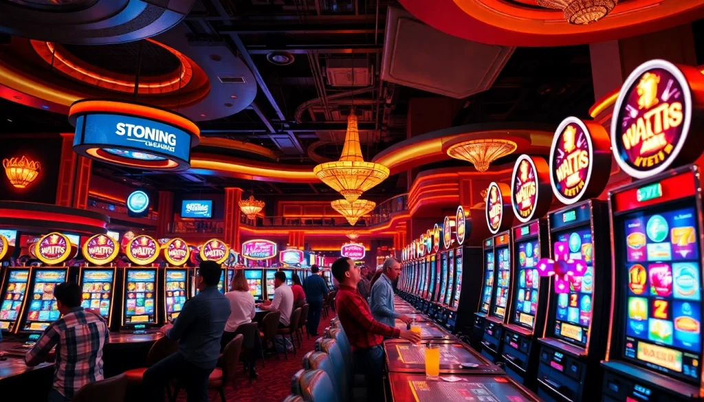 Menampilkan slot pulsa dengan pemain menikmati suasana kasino yang meriah dan mesin slot yang berkilau.