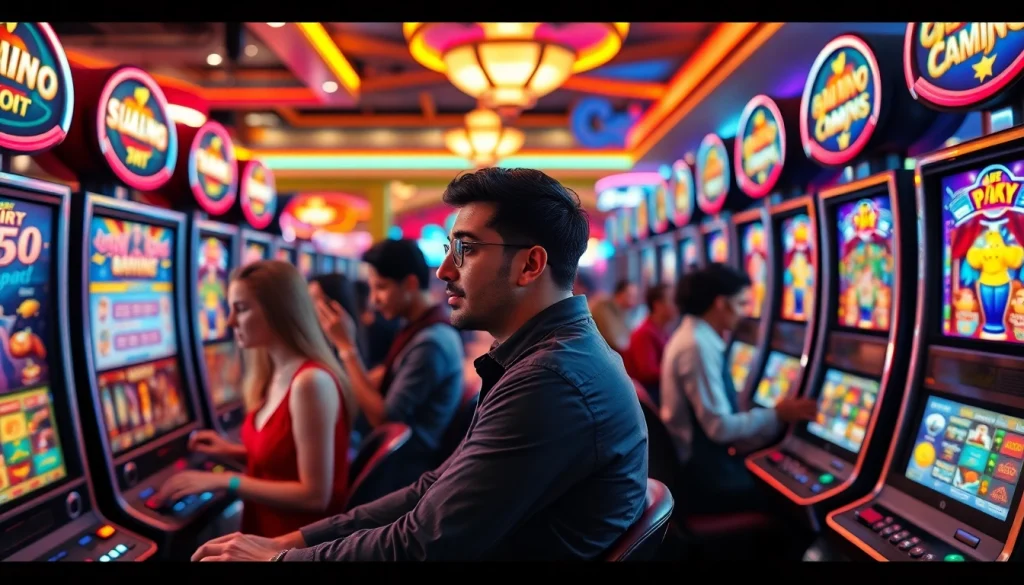 Menampilkan permainan slot 50 perak yang menarik di kasino dengan atmosfer meriah.