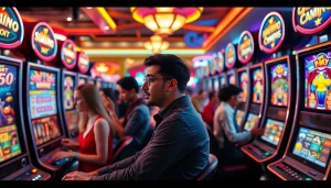 Menampilkan permainan slot 50 perak yang menarik di kasino dengan atmosfer meriah.