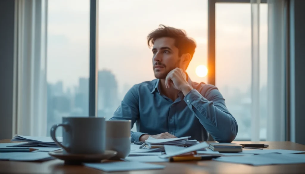 Individual experiencing brain fog while working in a cluttered office environment.