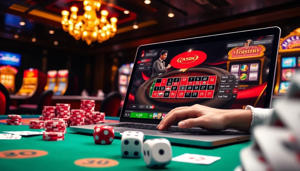 The high-stakes online gambling scene at https://rr88.wales/ featuring vibrant poker chips and casino tables.